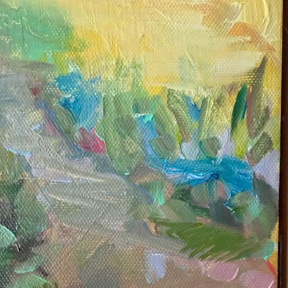 Original oil painting impressionist Monet style spring blossoms mountain